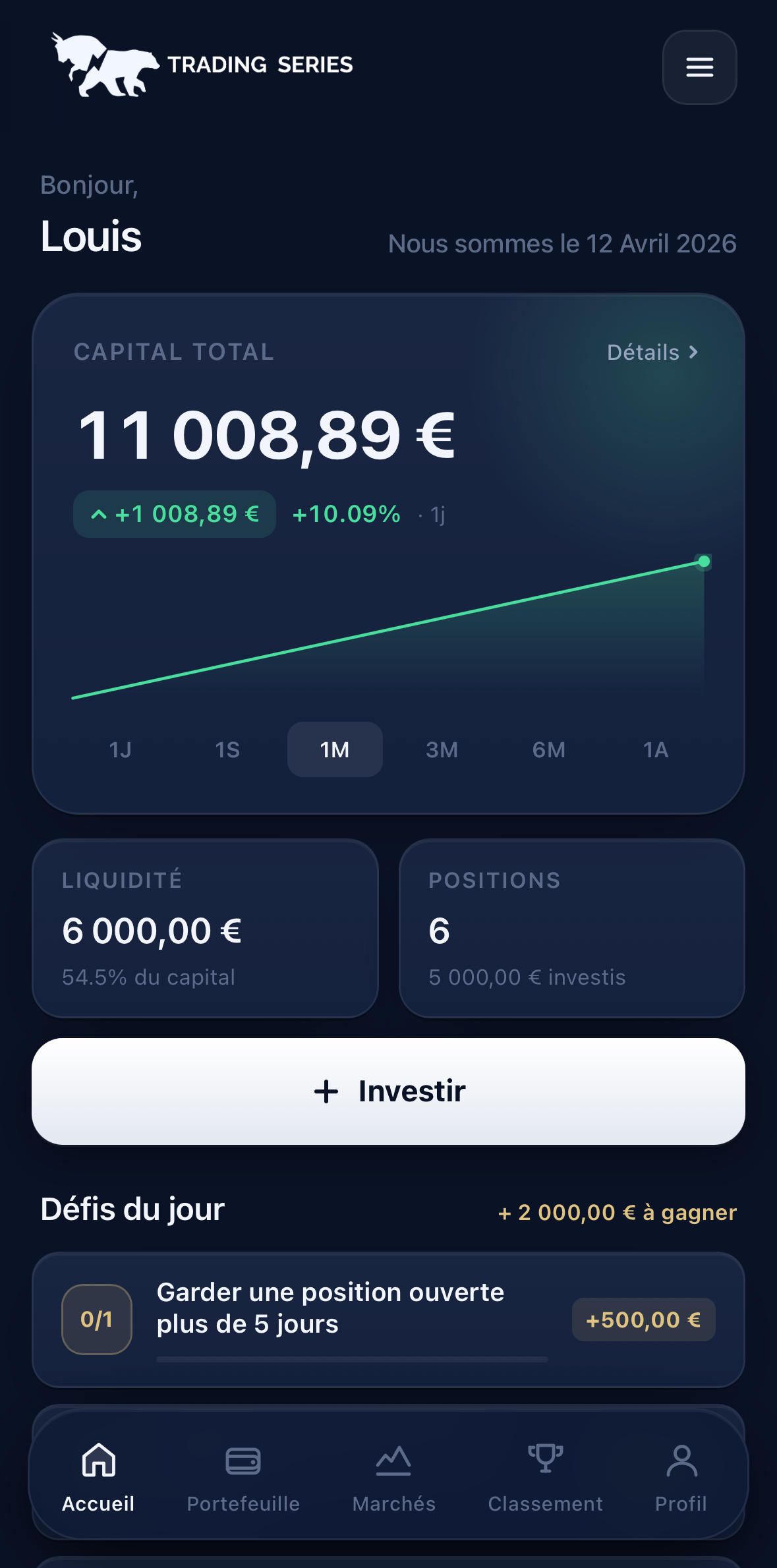 Écran d'accueil de l'application Trading Series