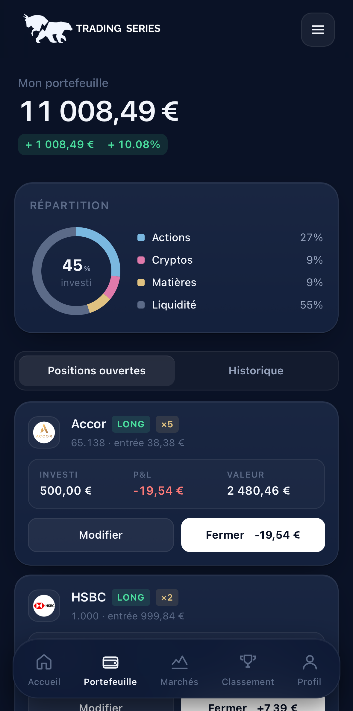 Écran portefeuille de l'application Trading Series
